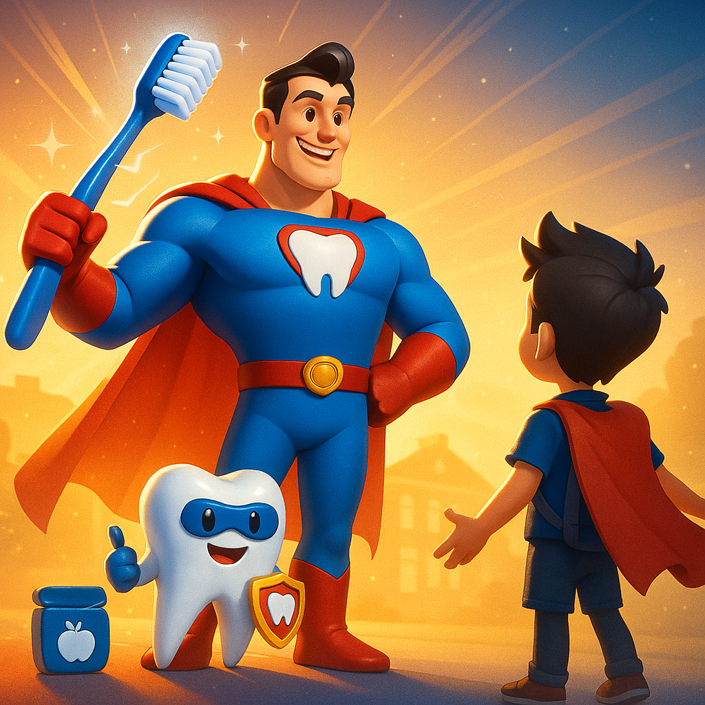 Cartoon superhero dentist smiling with toothbrush, talking to a child beside a cheerful tooth mascot.