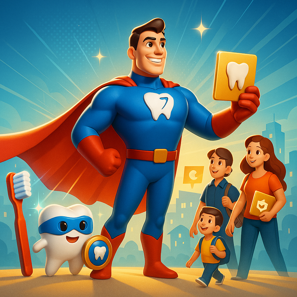 Cartoon superhero dentist in blue suit with cape, holding a tooth card beside smiling children and a toothbrush mascot