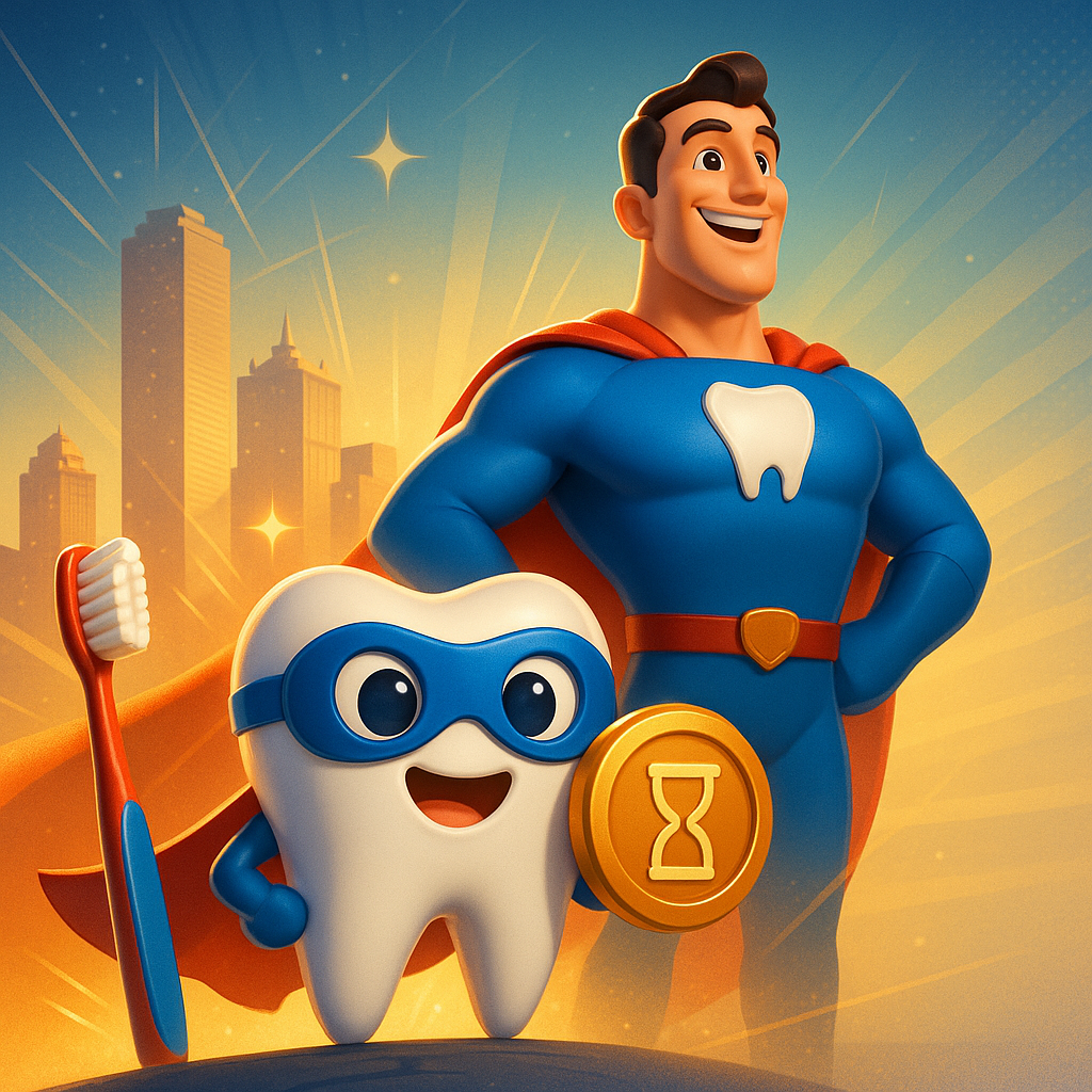 Cartoon superhero tooth and smiling man with toothbrush and shield in bright city skyline