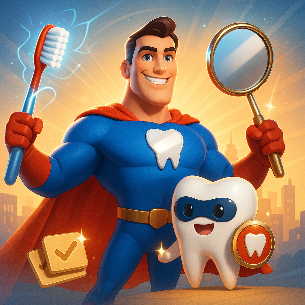 Cartoon dentist superhero holding a toothbrush and magnifying glass beside a smiling tooth in a glowing clinic.