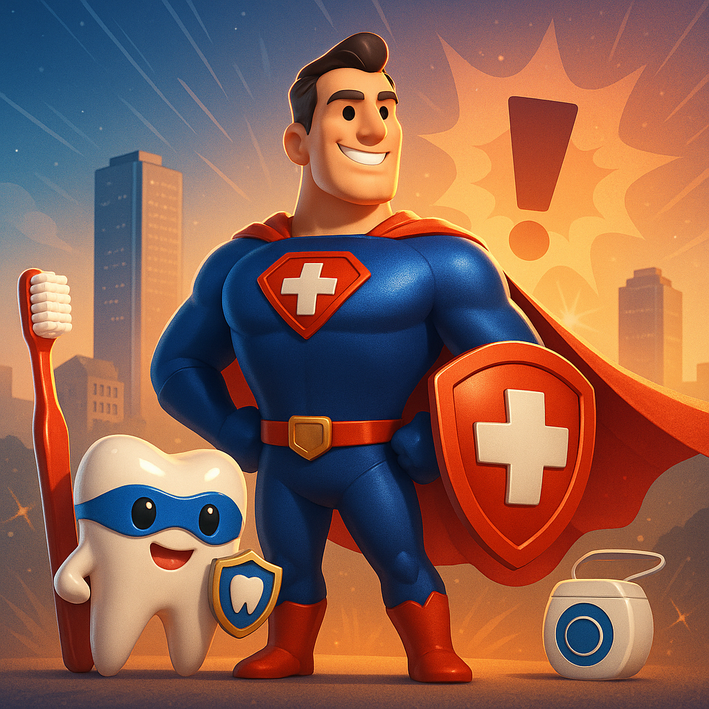 Cartoon superhero dentist with shield and tooth, standing by a smiling tooth in a city backdrop.