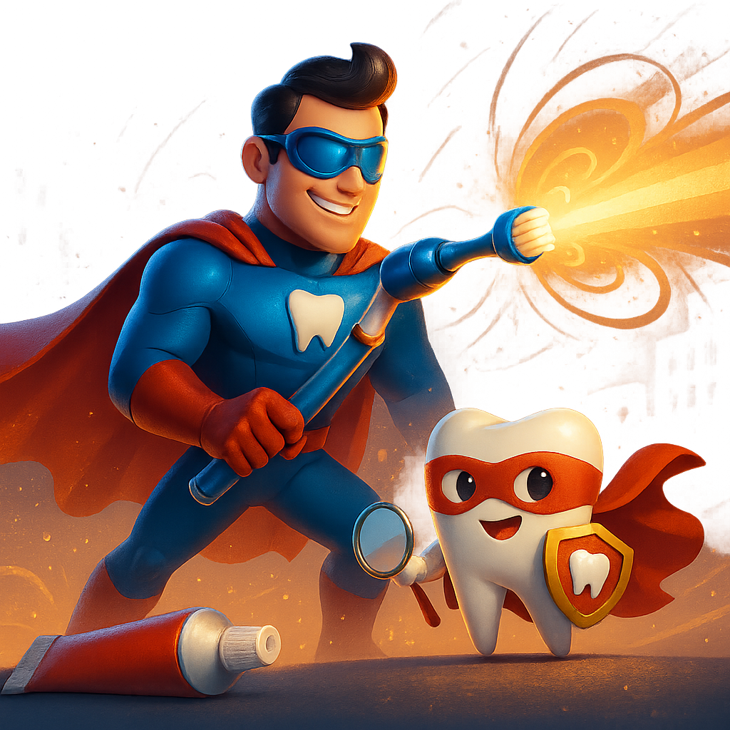 Animated superhero in blue cape firing an orange energy blast beside a small white sidekick in a red cape
