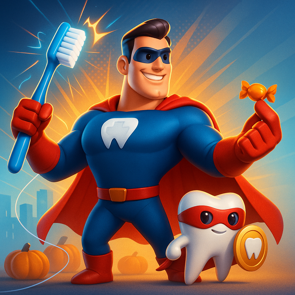 Cartoon superhero with toothbrush and orange lollipop, standing beside a mask-wearing tooth in a bright blue-orange scene