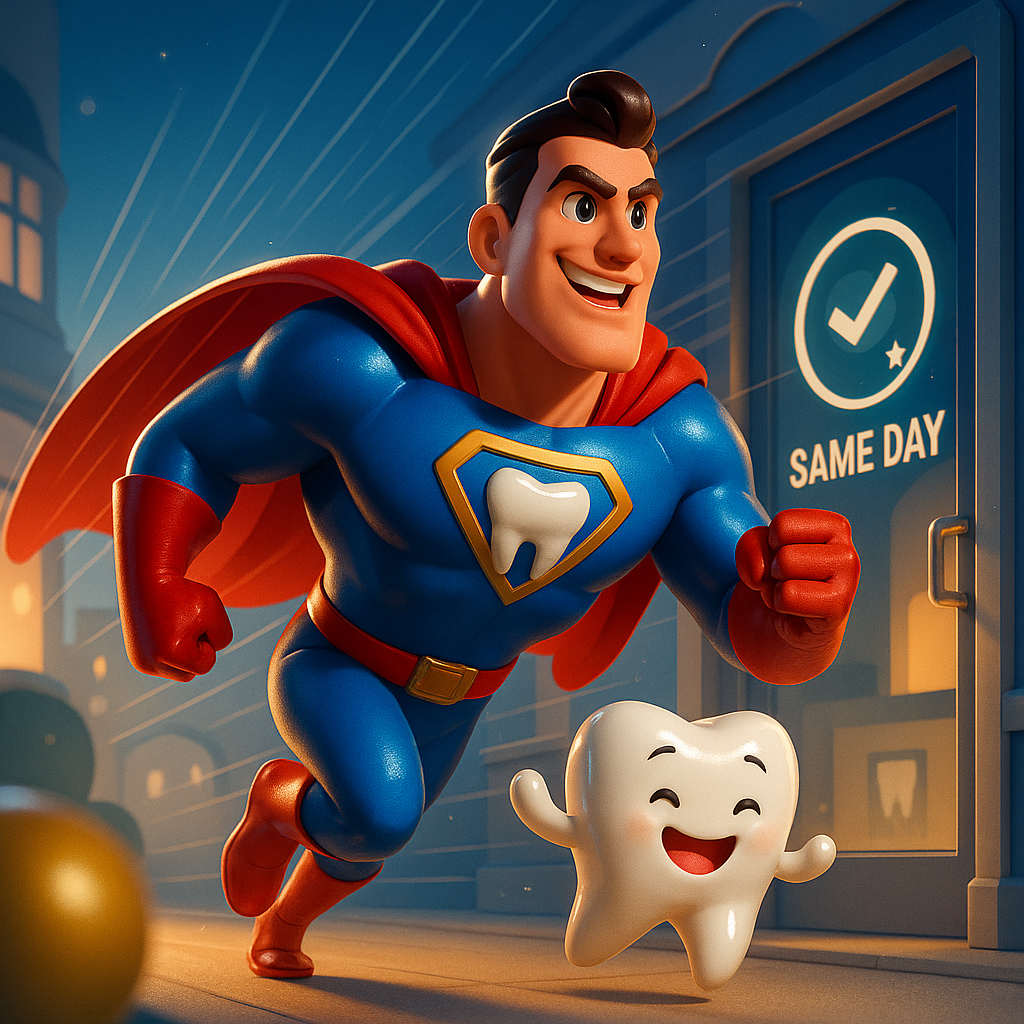 Smiling superhero and tooth run toward a door marked “Same Day” in a bright clinic hallway