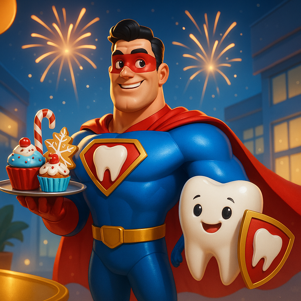 Smiling superhero in blue and red holding cupcakes, with a cheerful tooth character and fireworks behind him
