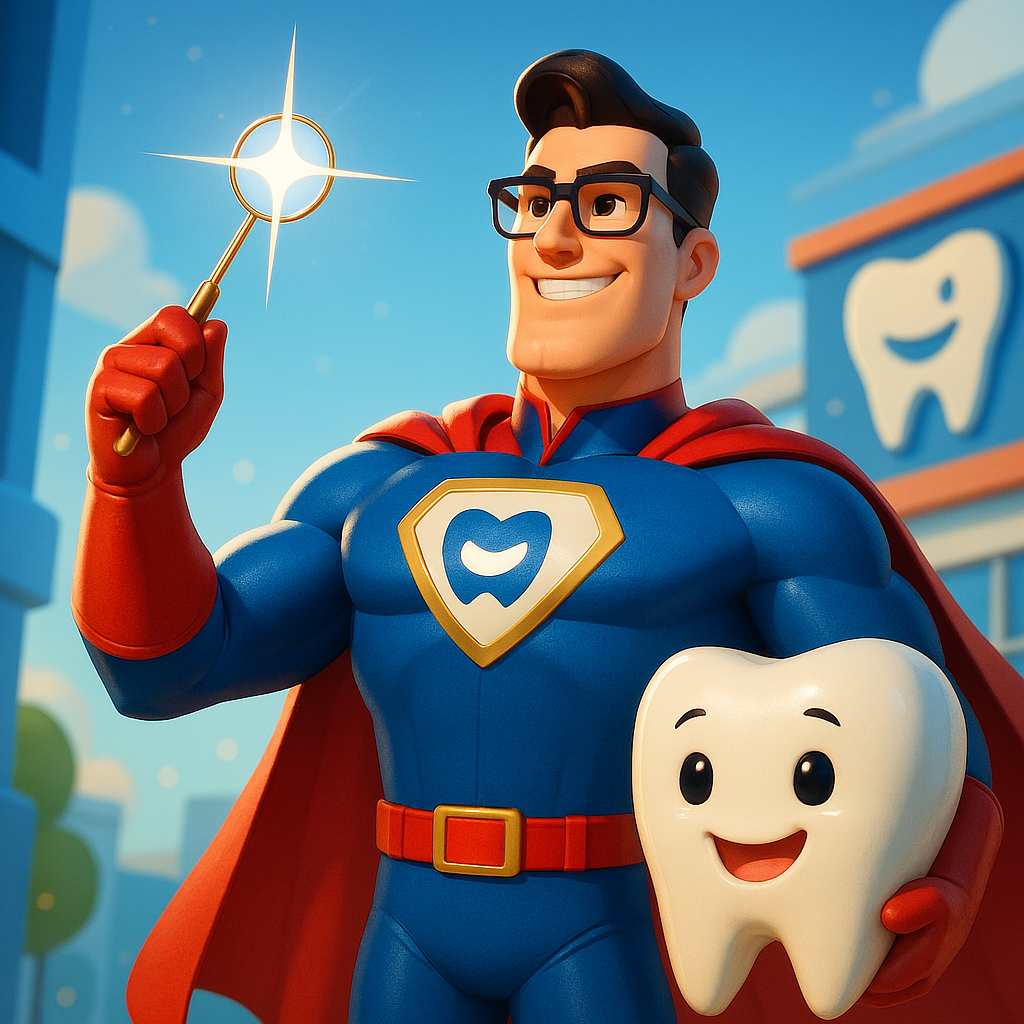 Cartoon superhero dentist holding a sparkly wand beside a smiling tooth, with a blue cape and red gloves