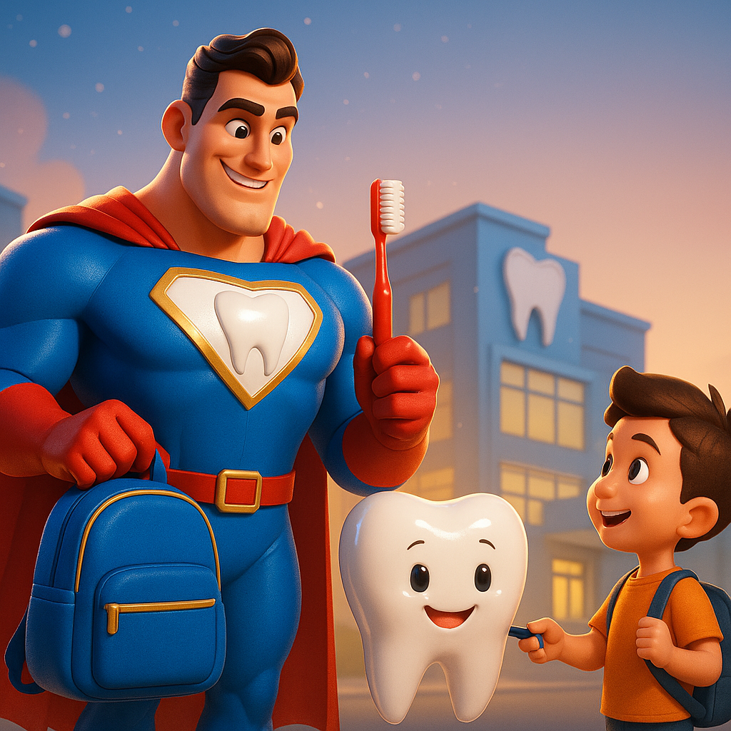 Toothbrush superhero with child and smiling tooth outside a dentist’s office
