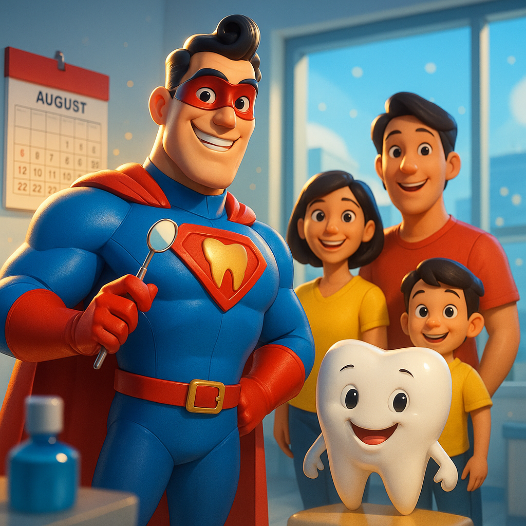 Superhero dentist smiling with family beside a happy tooth in a bright clinic