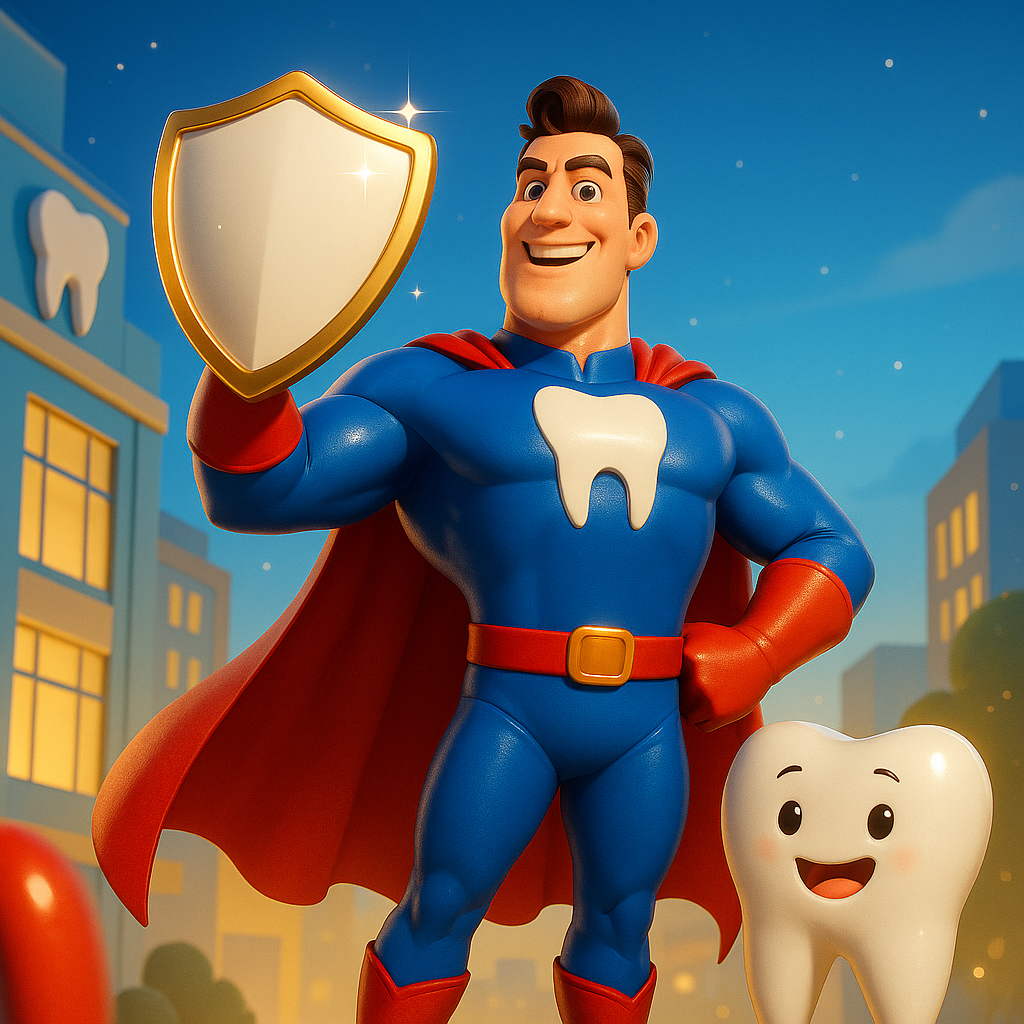 Cartoon superhero in blue suit and red cape smiling with a tooth-shaped shield beside a happy tooth character.