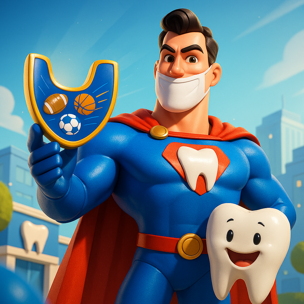 Cartoon superhero in blue suit holding a yellow U-shaped dental appliance beside a smiling tooth character
