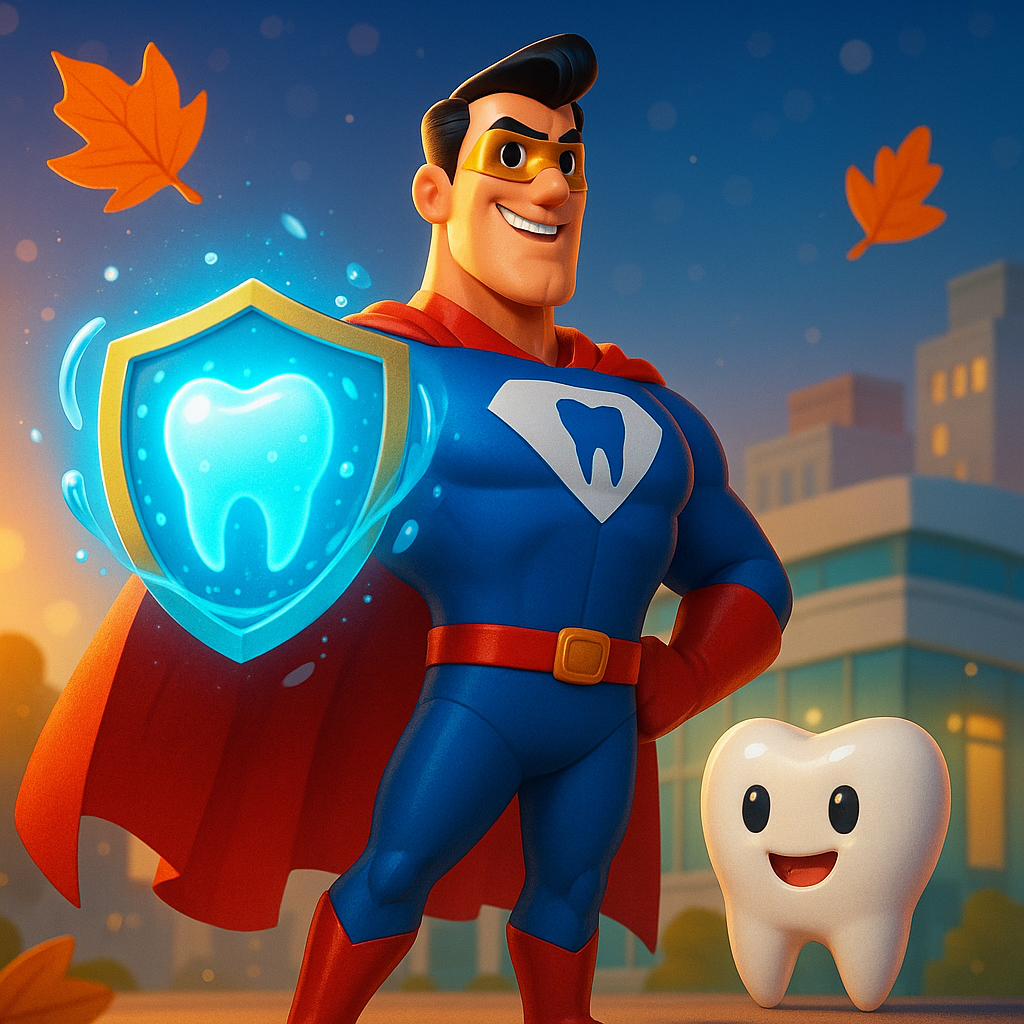 Cartoon superhero in blue suit and red cape with glowing tooth shield beside a smiling tooth, autumn leaves