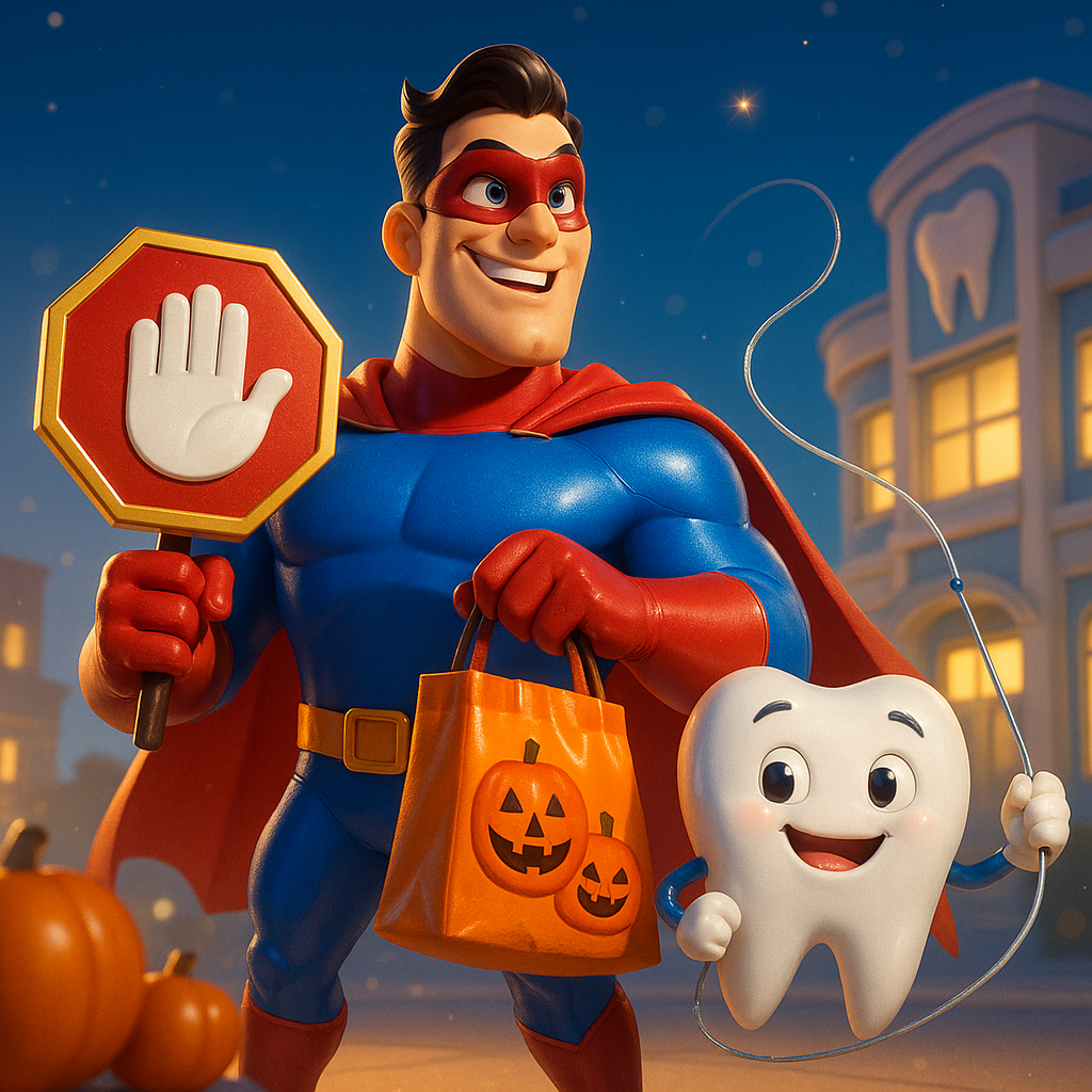 Superhero with stop sign and jack-o’-lantern bag beside smiling tooth in a Halloween street scene