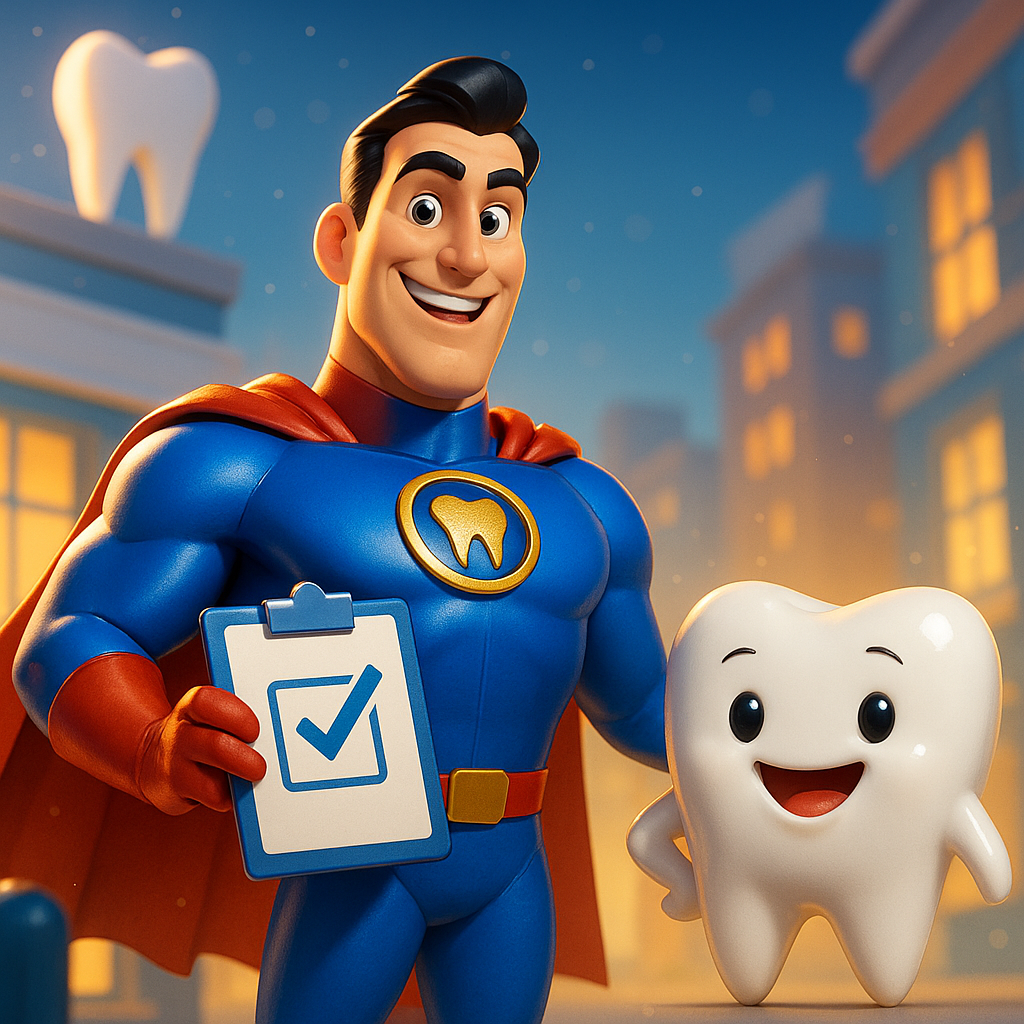 Smiling dentist in blue uniform with clipboard beside happy cartoon tooth in a clinic setting