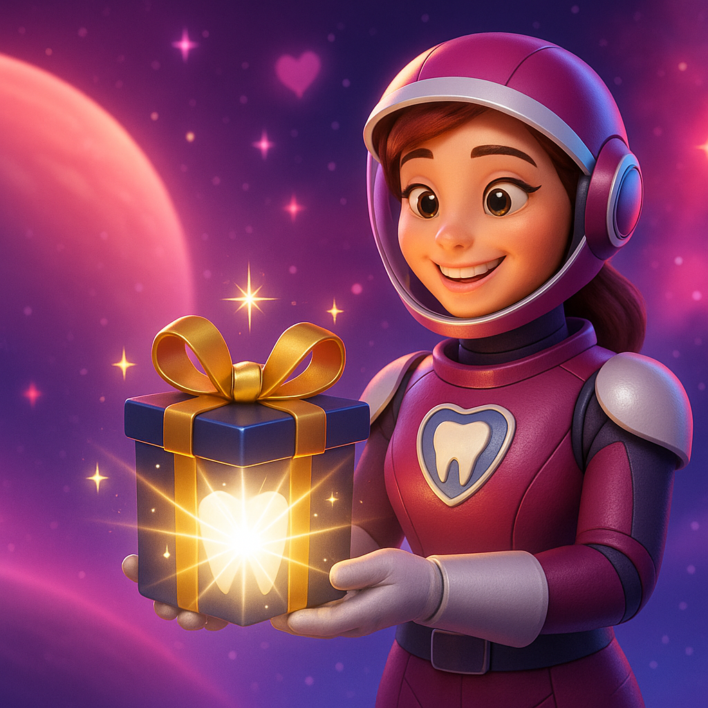 Smiling astronaut in purple suit holding a glowing gift box in a pink space scene
