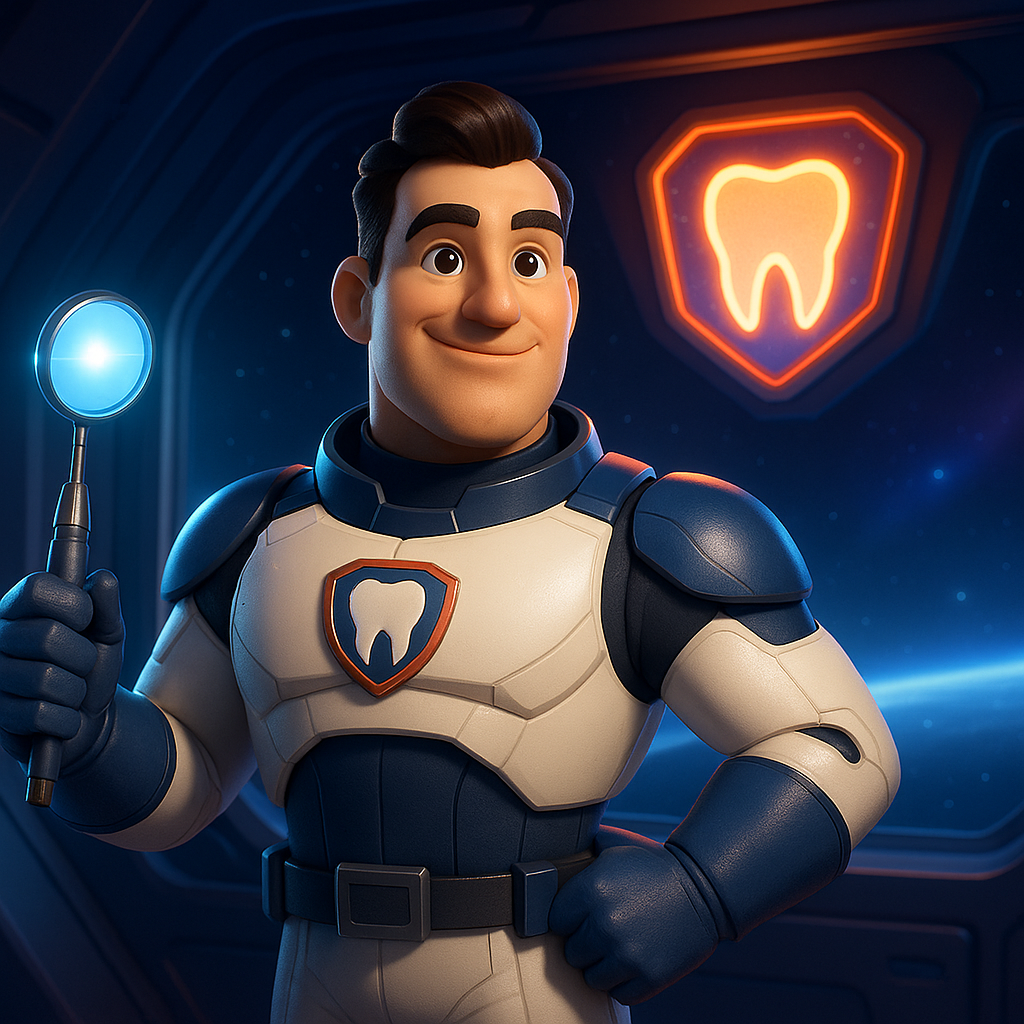 Smiling cartoon dentist in blue armor holding a glowing tool, with a neon tooth sign behind him.