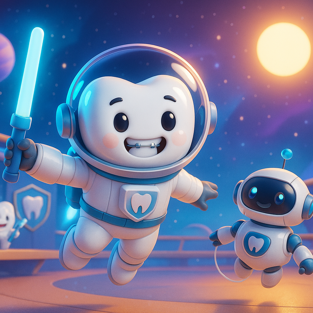 Two cute cartoon astronauts in white suits, one holding a glowing blue light sword under a starry sky