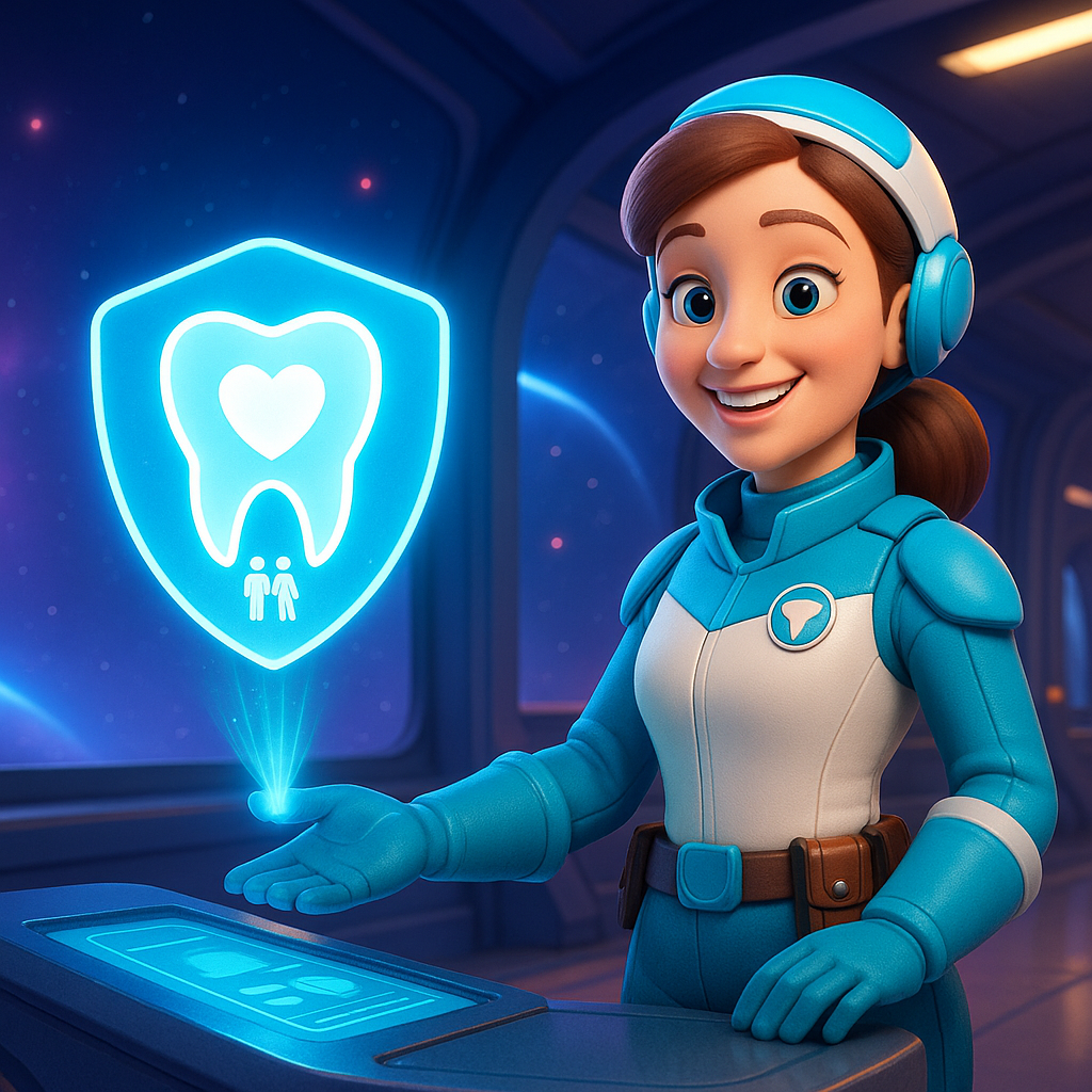 Futuristic support avatar at a glowing console, with a blue shield and heart protection icon.