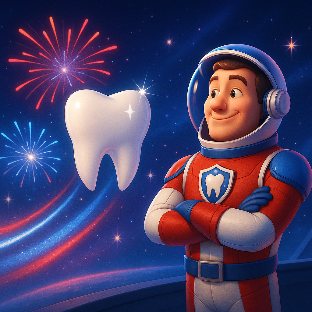 Smiling astronaut mascot beside a glowing tooth, with fireworks in a starry space background