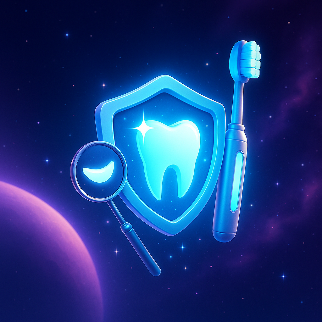 Glowing blue dental shield with tooth, magnifier, and toothbrush on a starry purple background