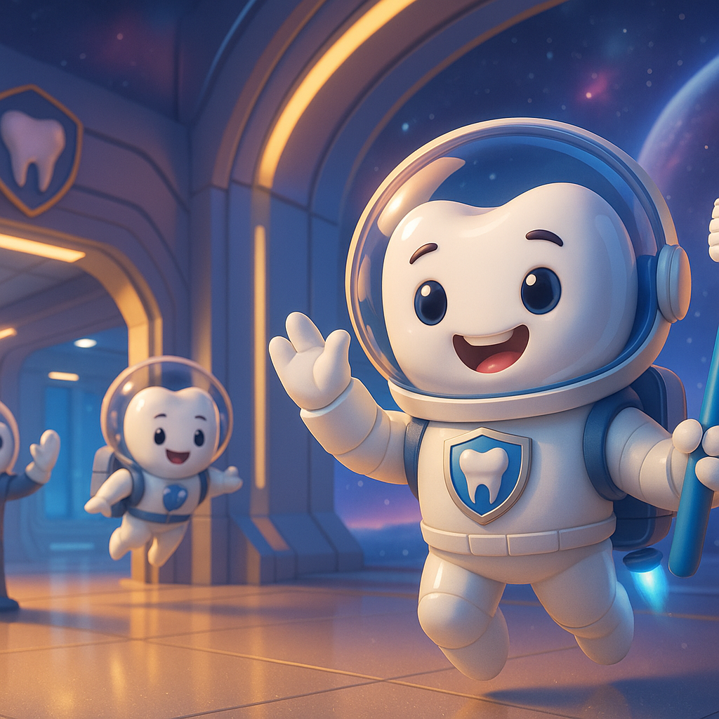 Two smiling robot mascots in a glowing blue hallway, one waving in the foreground.