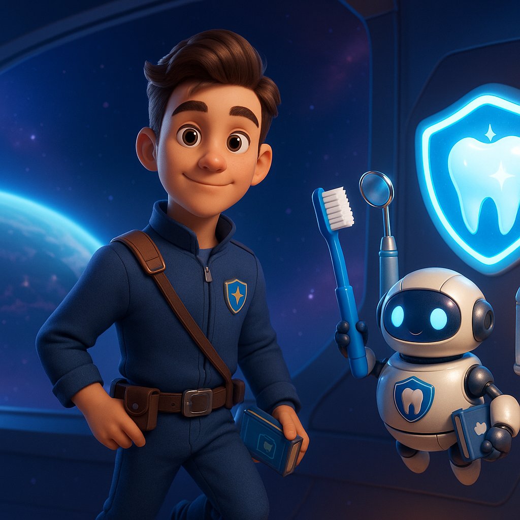 Friendly cartoon dentist and robot holding a toothbrush and mirror beside a glowing tooth icon