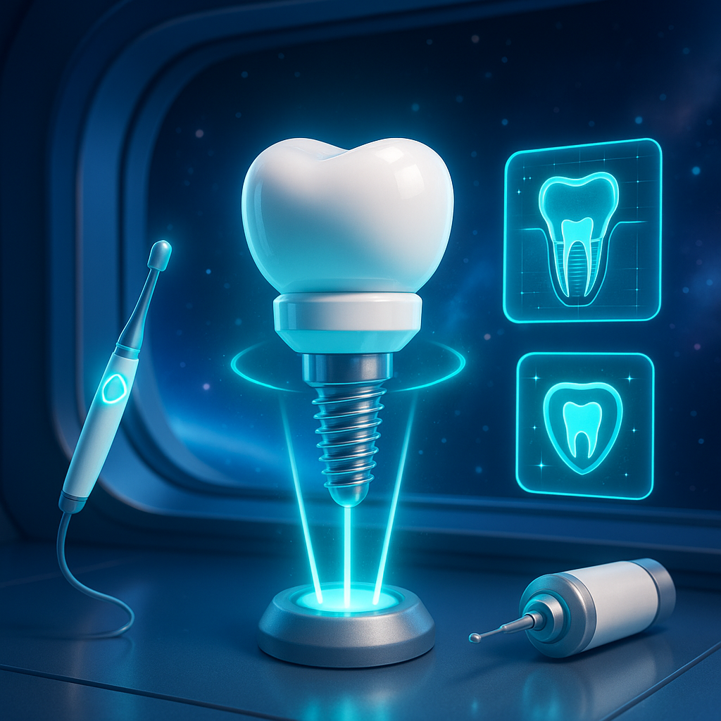 Futuristic dental implant with glowing tooth, tools, and tooth icons on a blue clinical interface