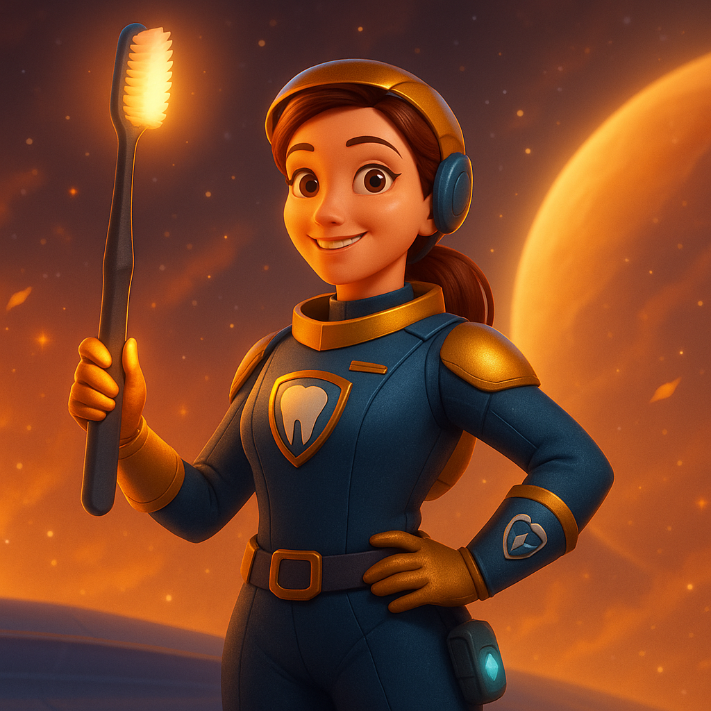 Smiling space explorer in blue suit holding a glowing tool against a warm orange planet backdrop