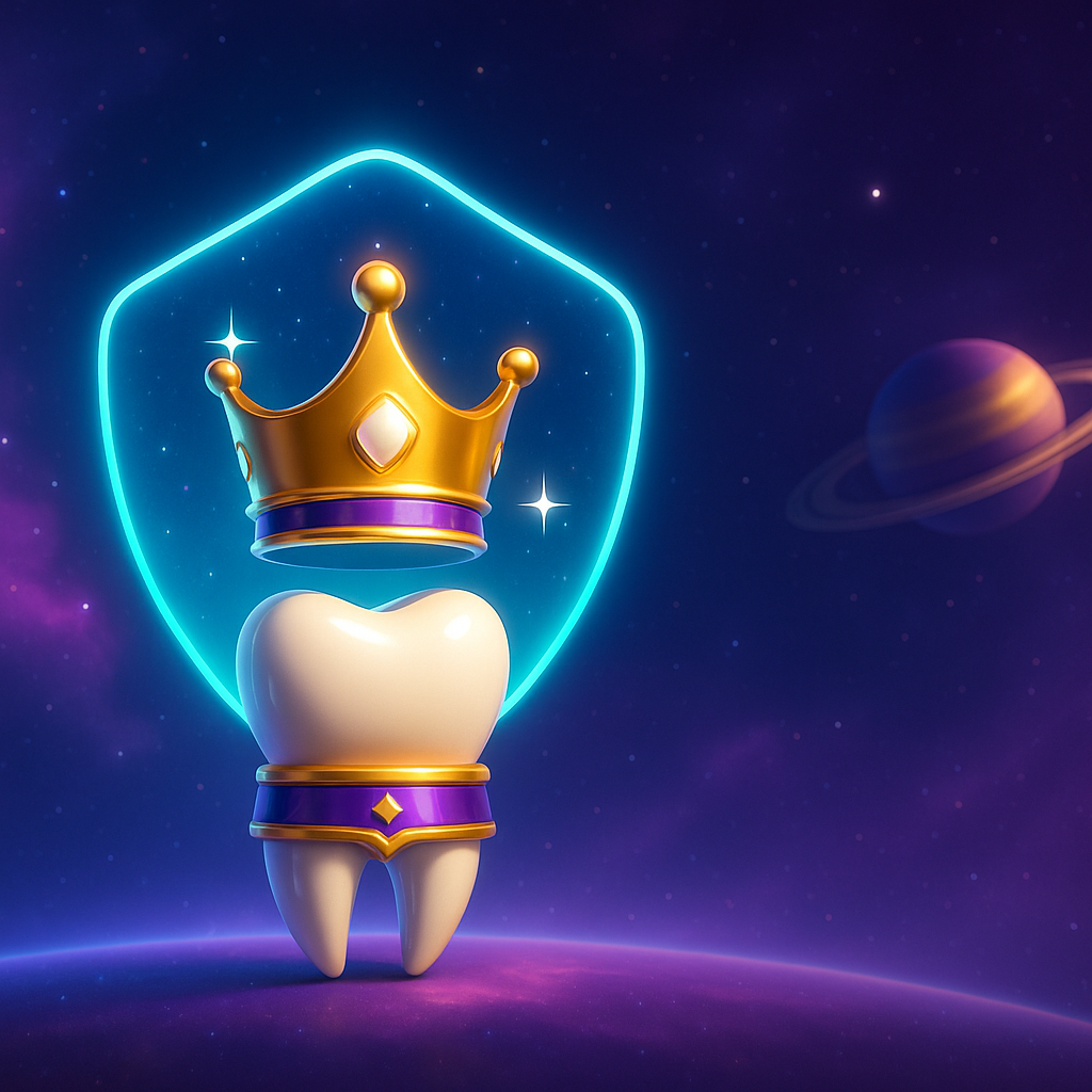 Tooth with gold crown inside glowing blue shield on a purple space background