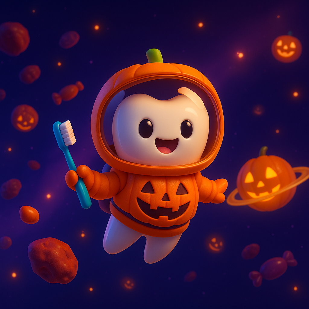 Cute pumpkin-costumed cartoon character floating in a spooky purple Halloween scene with glowing jack-o'-lanterns