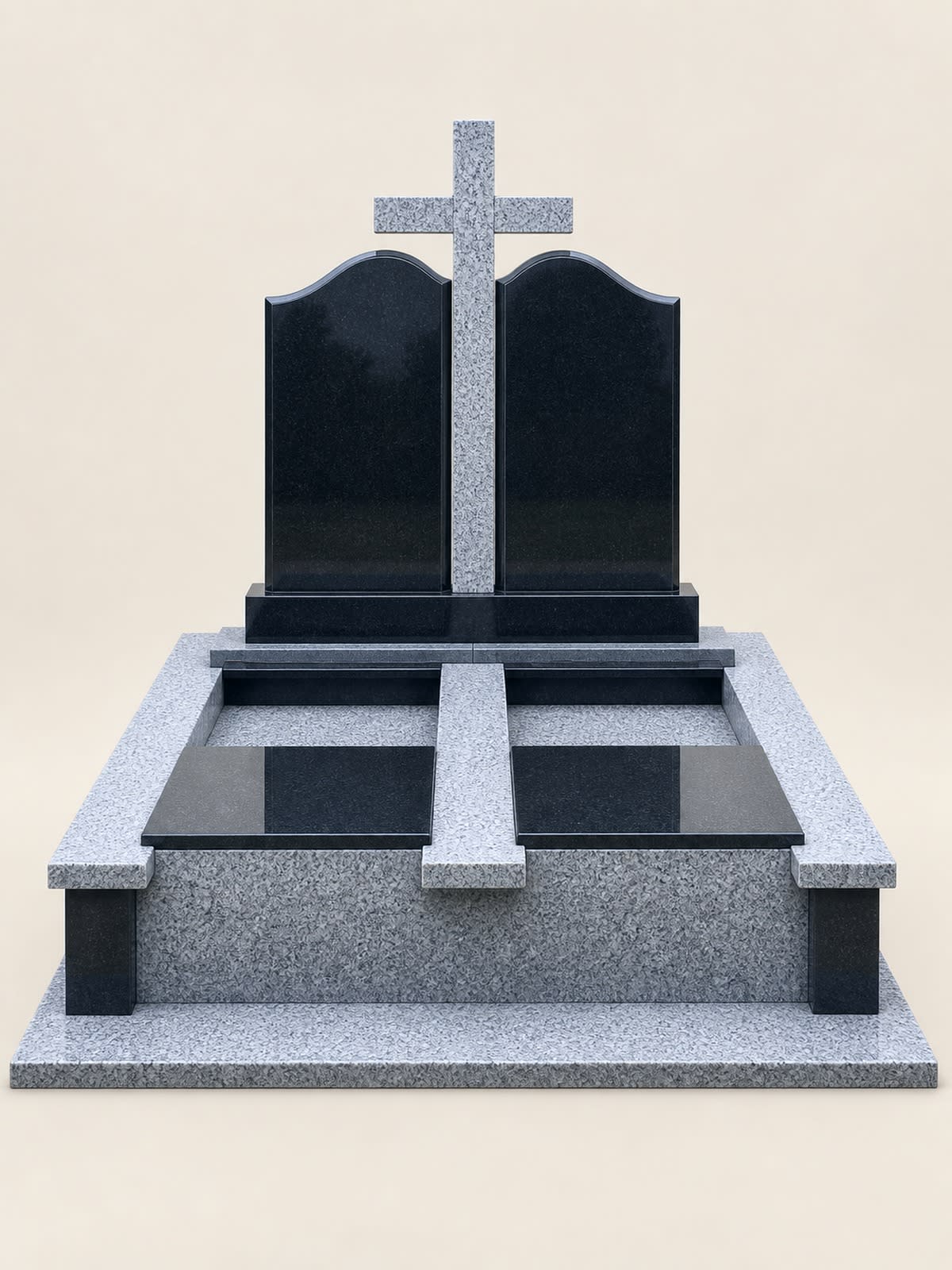 Подвійний памʼятник із двох плит з різьбленим хрестом, чорний габро та сірий граніт