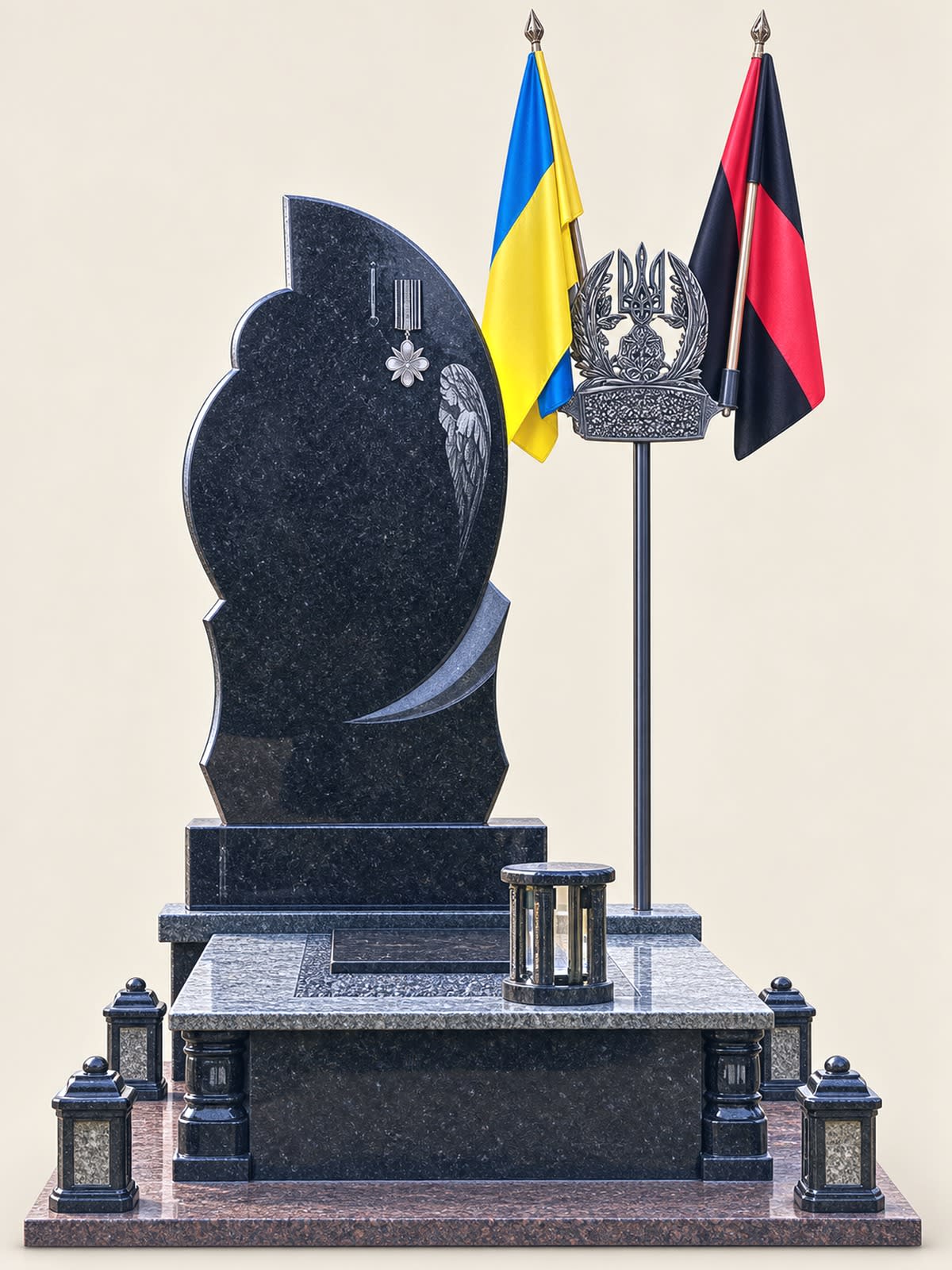 Військовий памʼятник фігурний з тризубом і прапором, чорний габро та сірий