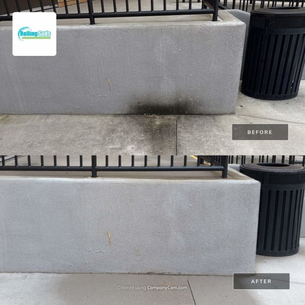 Before and after pressure washing stained concrete planters at a commercial building