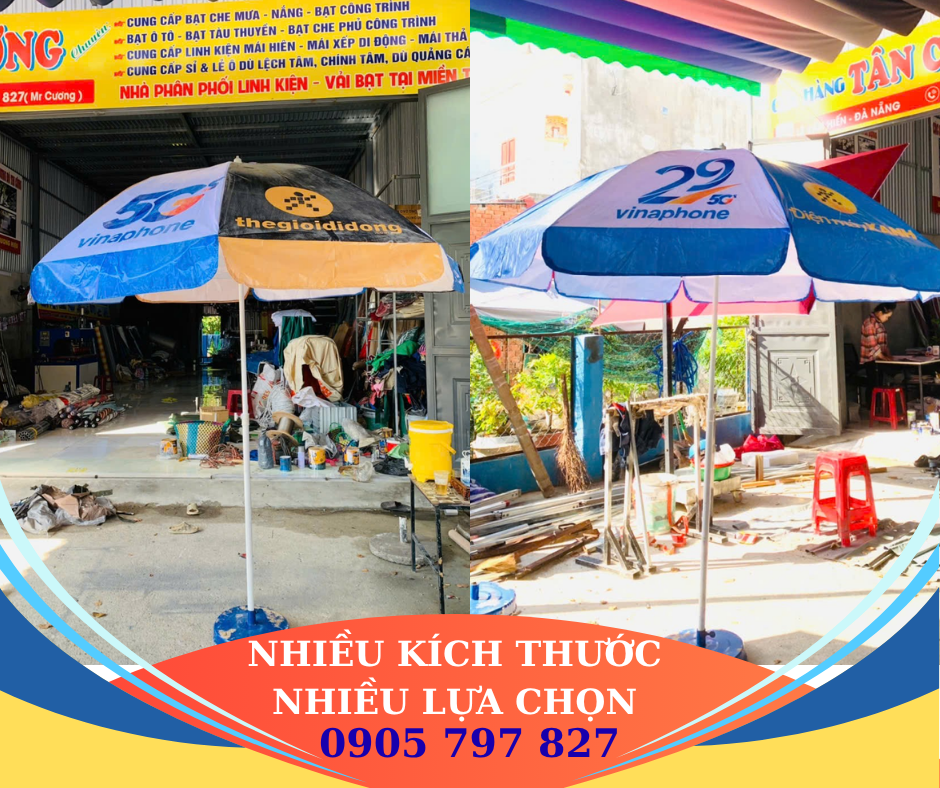 Các mẫu dù che in logo với nhiều kích thước và cách phối màu