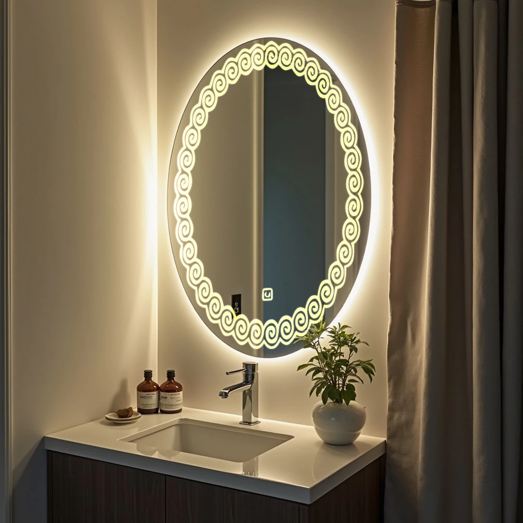 Oval LED Mirror with leaf design around 49