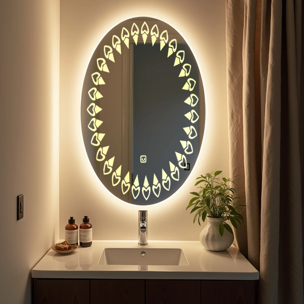 Oval LED Mirror with flower design on bottom 47
