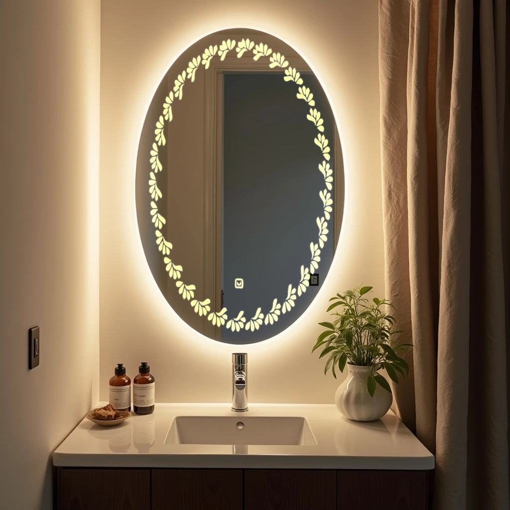 Oval LED Mirror with peacock design on right side 42