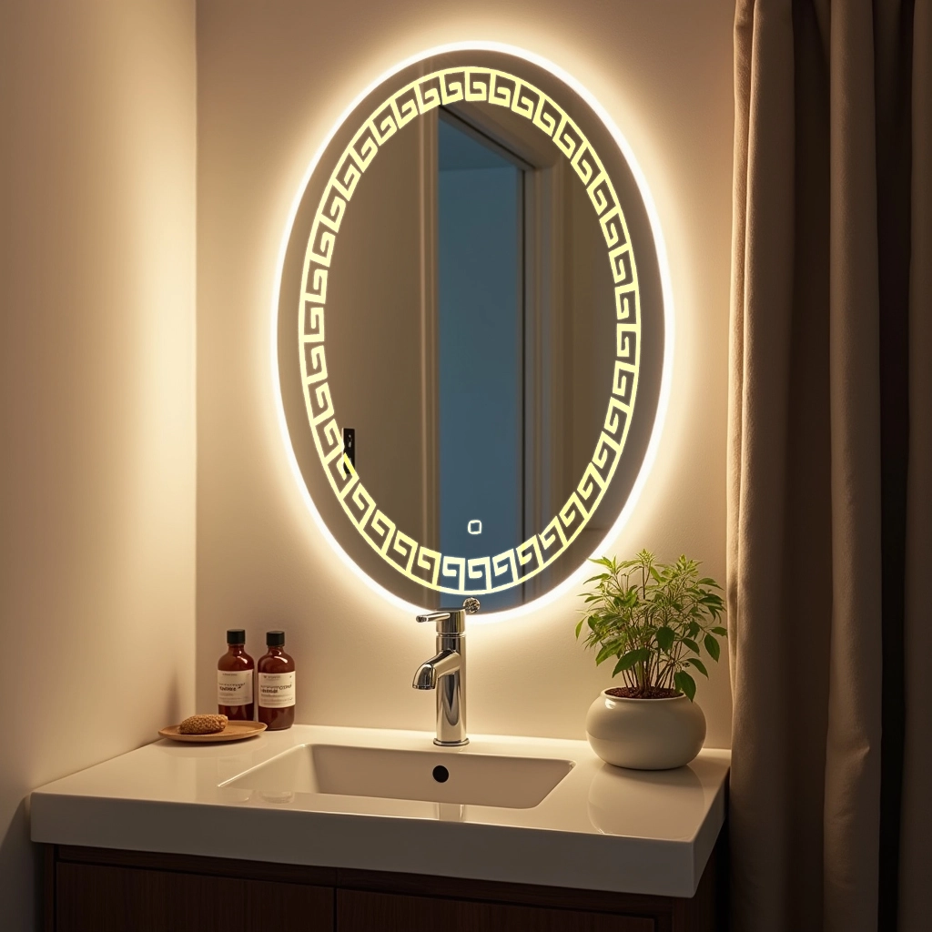 Oval LED Mirror with flower design on bottom 34
