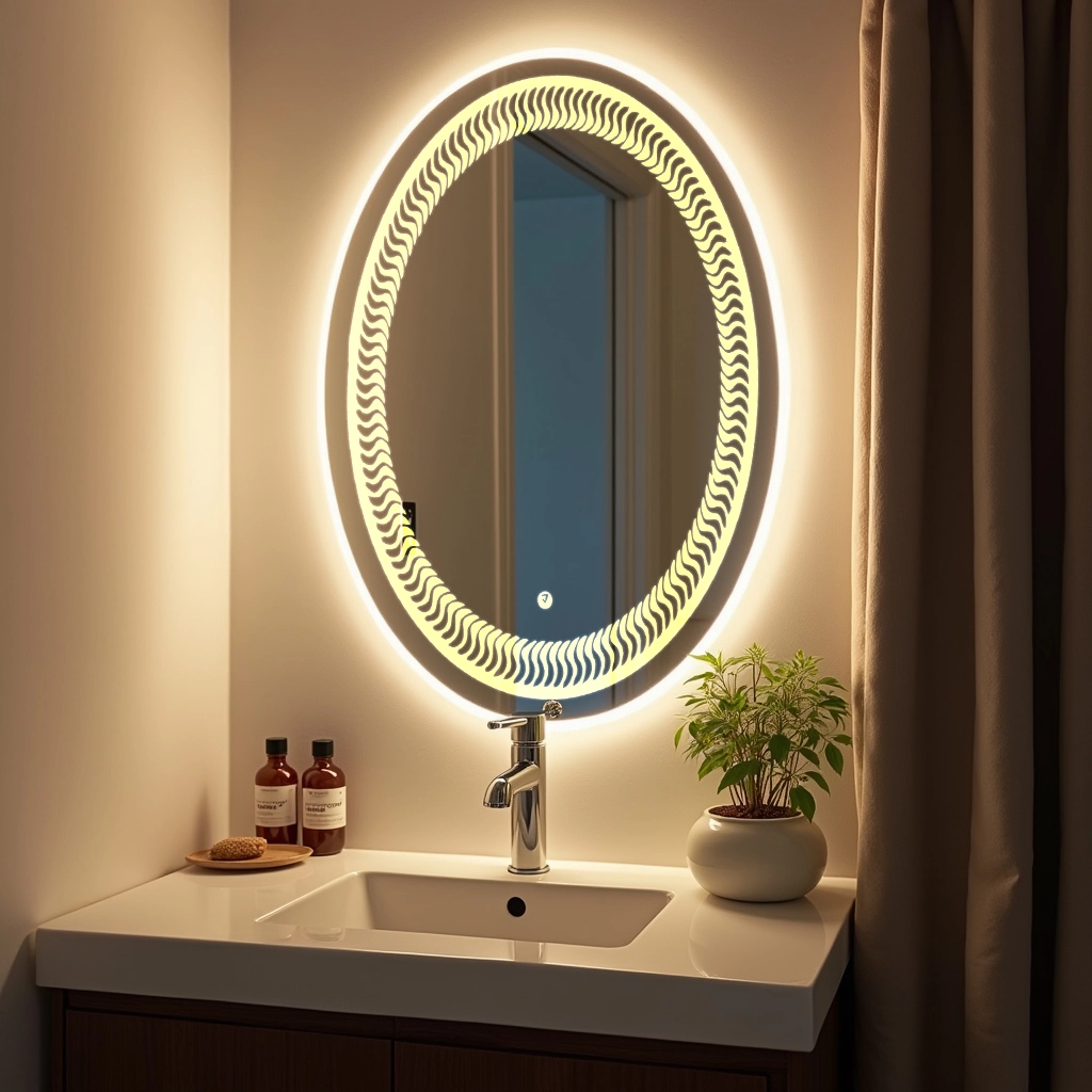 Oval LED Mirror with flower design on left 33