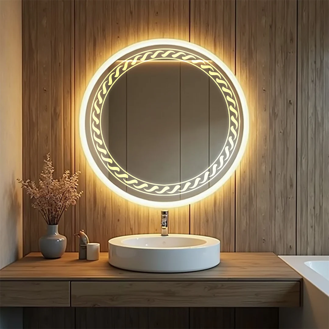 Rounded LED Mirror with flower design on top and bottom 25