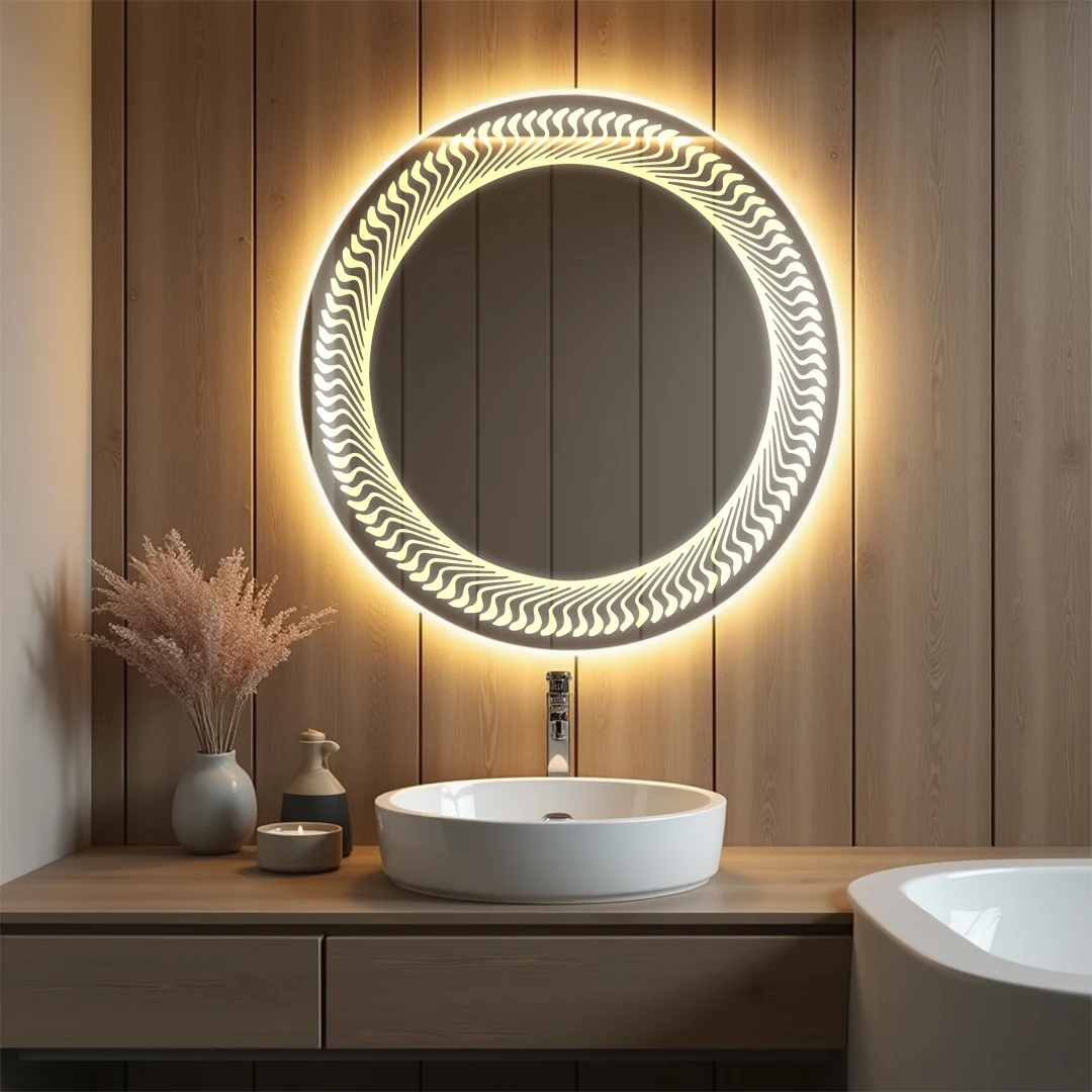 Rounded LED Mirror with flower design on two corners 23
