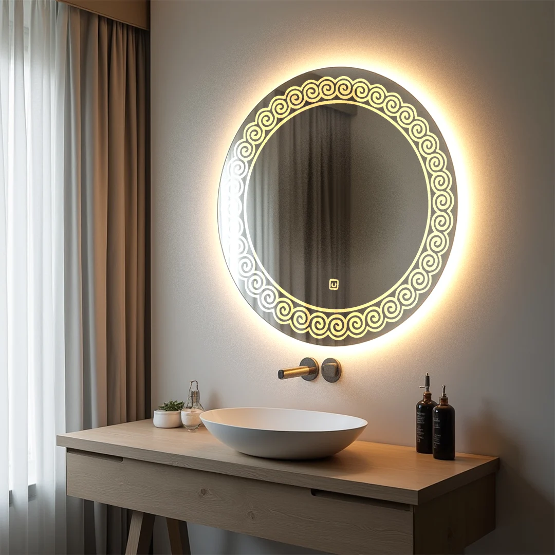 Rounded LED Mirror with flower design on four corners 22