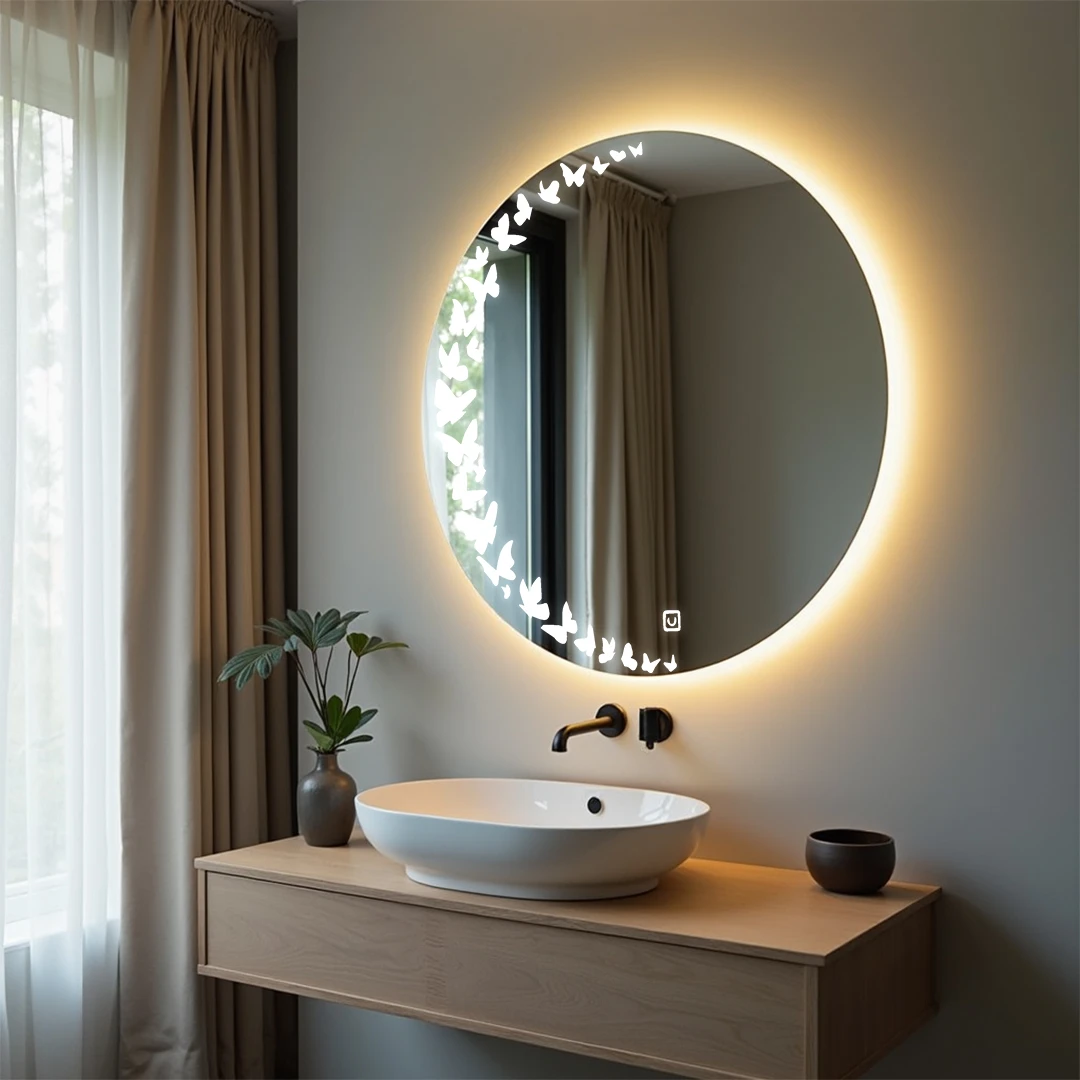 Rounded LED Mirror with flower design on bottom 21