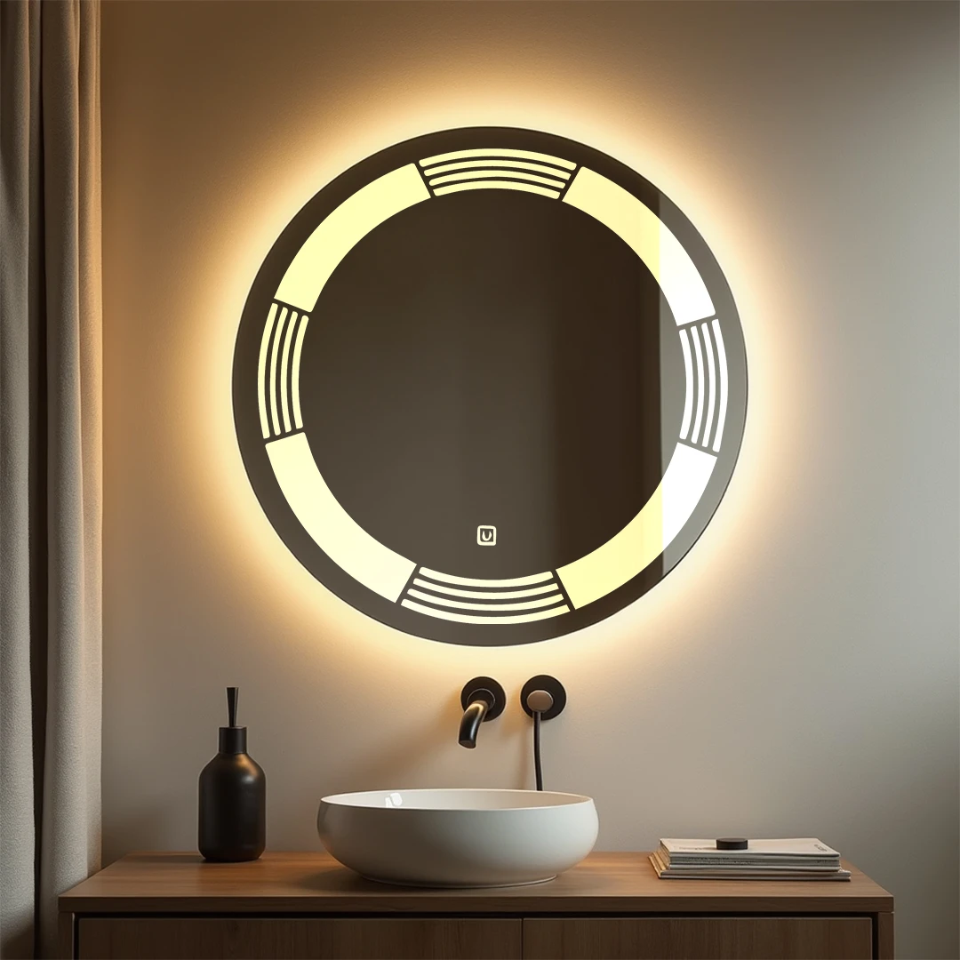 Rounded LED Mirror with flower design along top right and bottom 15