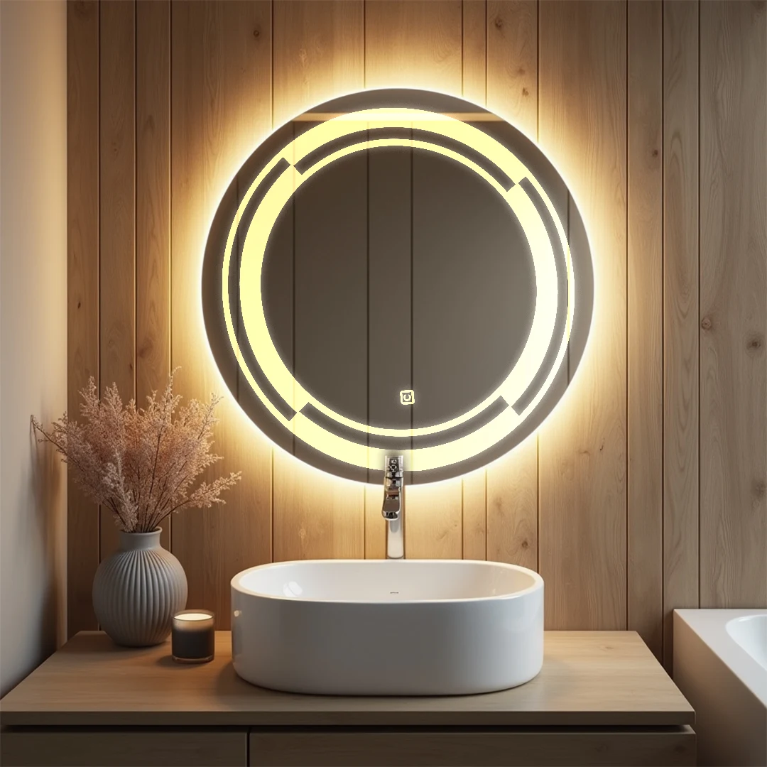 Rounded LED Mirror with circular design around 12