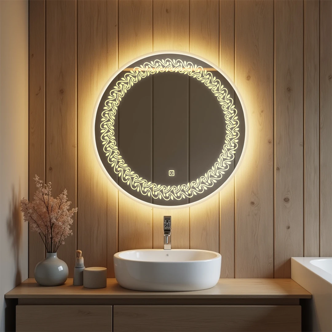Rounded LED Mirror with flower design around 10