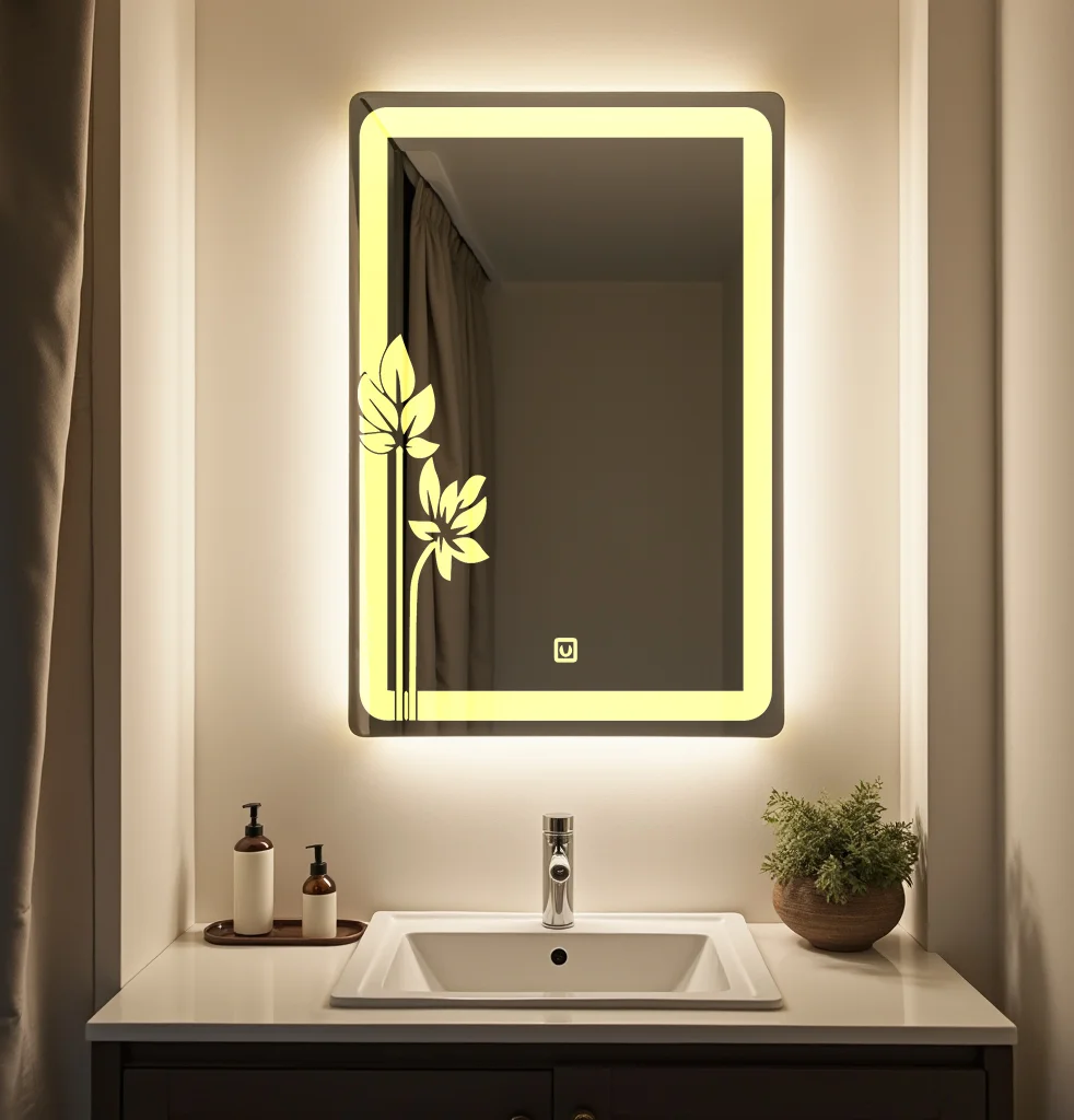 Rectangle LED Mirror with flower design right to bottom 68