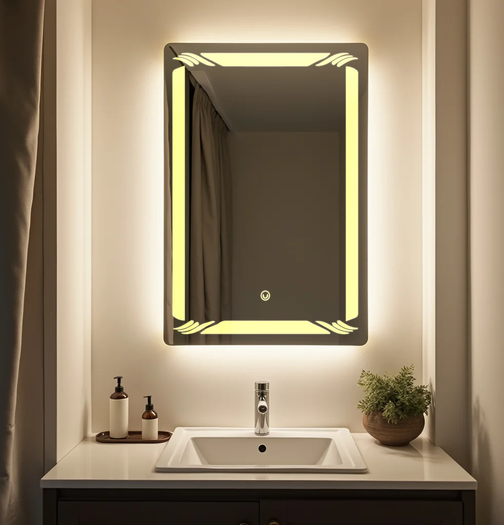 Rectangle LED Mirror with flower design on bottom 64