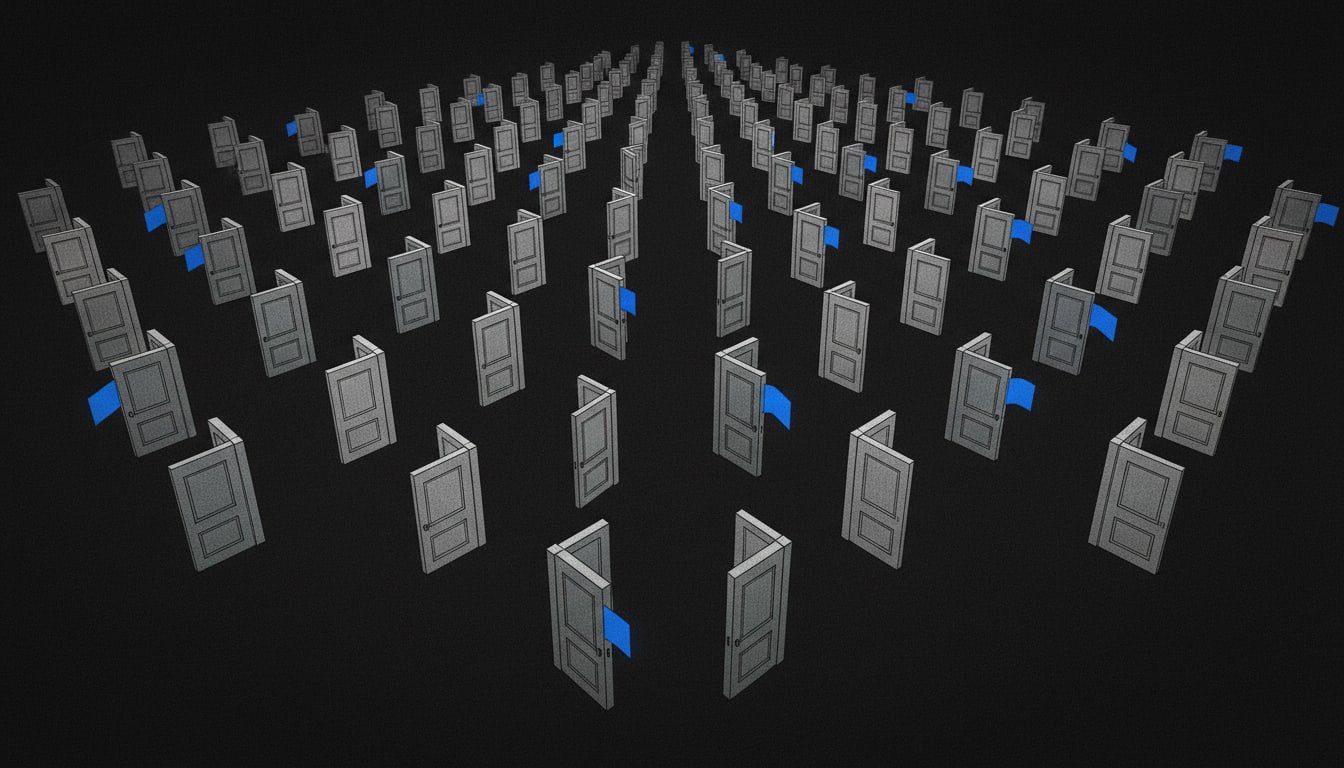 A vast field of identical doors is swept by a single automated pass that flags the vulnerable ones — showing scale, coverage, and systematic discovery