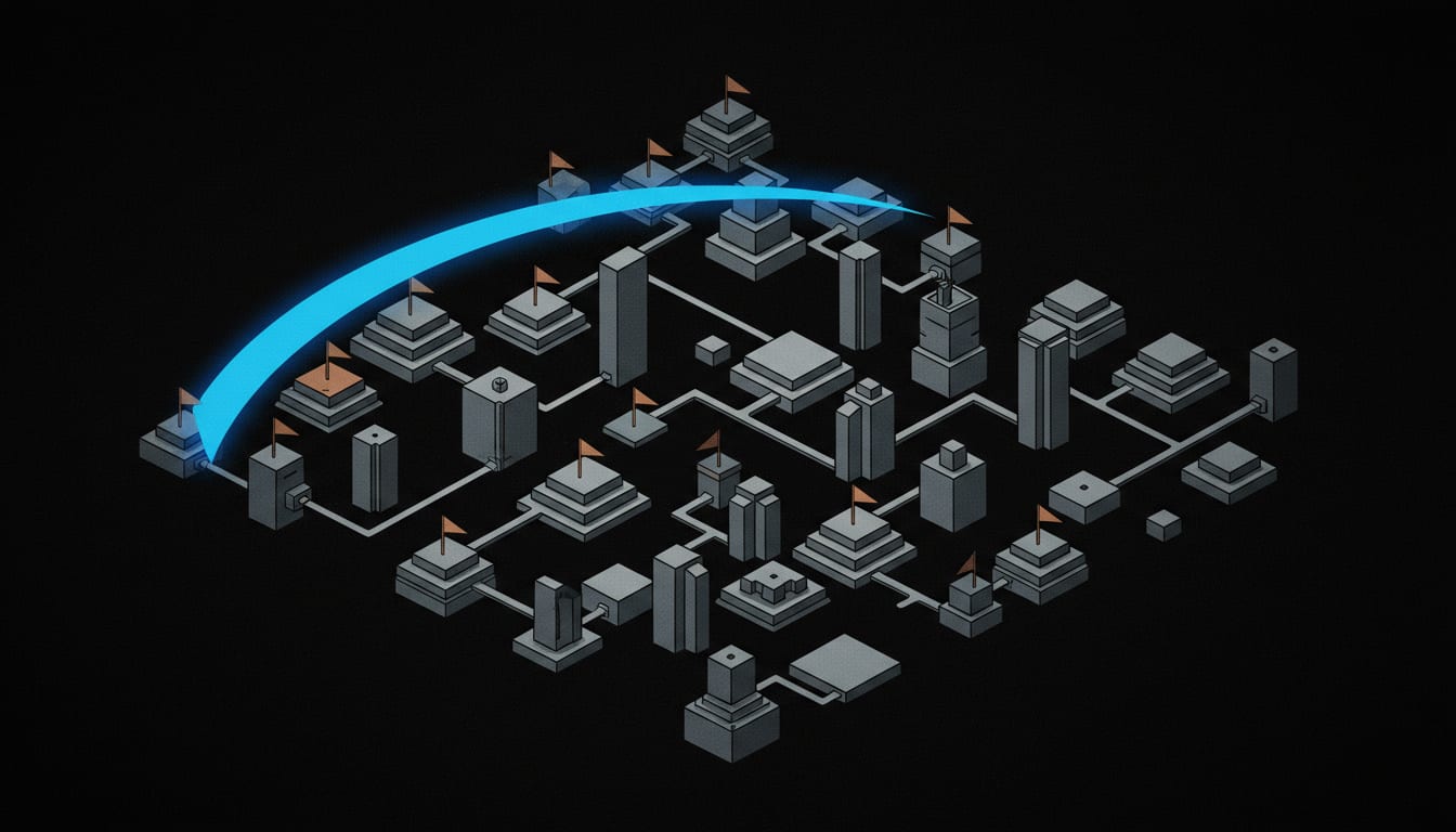 A vast attack surface is systematically swept by a single automated wave, exposing every hidden vulnerability at once rather than one at a time