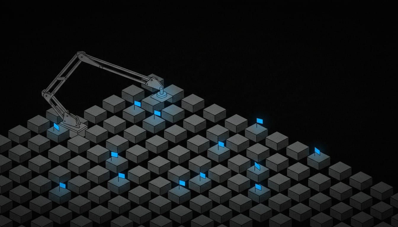 An organization's entire internet-facing surface, spread across a vast grid, is being systematically swept and catalogued by an automated probe that reveals hidden exposures